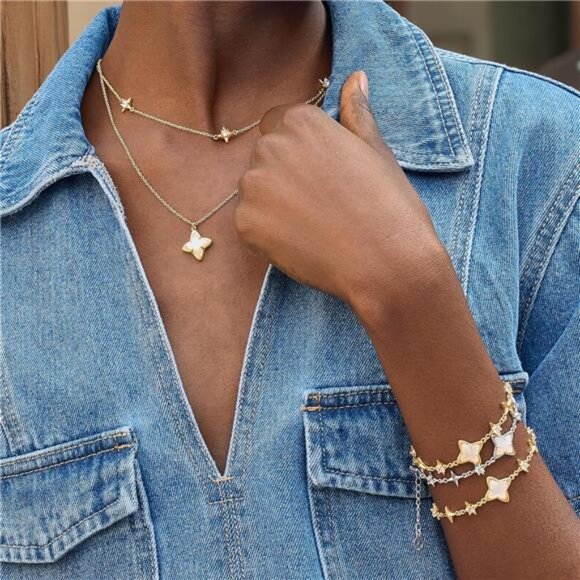 18K Gold Plated Double Layer Necklace | Four-Point Star - Picture 6 of 6